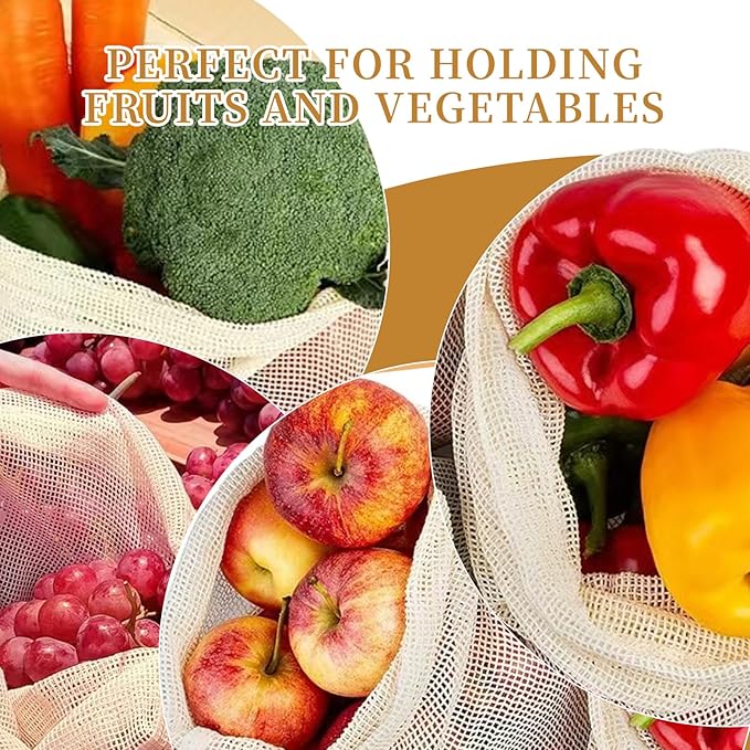 16 Pack Reusable Produce Bags, Mesh Vegetable Grocery Bag Washable, 100% Cotton Drawstring Net Storage Bags for Refrigerator, Shopping, Veggies and Fruits, Beach, Transporting, Durable, (4XL,4L,4M,4S)