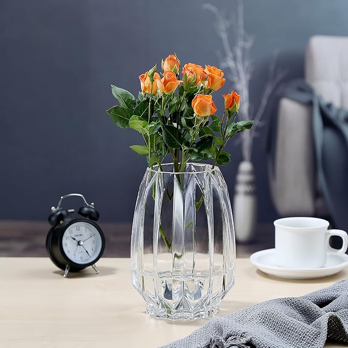 Crystal Clear Glass Vase - Modern Ribbed Design for Flowers, Candles, and Decorative Accents - Tall/Short Sizes (Clear, H7.87inch)