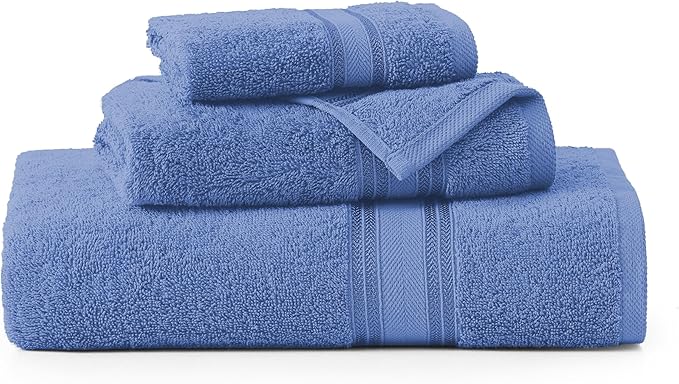 LANE LINEN Luxury Bath Towels Set - 3 Piece Set, 100% Cotton Bathroom Towels, Zero Twist, Quick Dry Shower Towels, Soft & Absorbent Bath Towel, 1 Bath Towel, 1 Hand Towel, 1 Washcloth - Cerulean Blue
