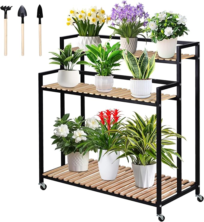 3-Tier Plant Shelf Modern Rolling Plant Stand with Rustic Wood and Iron Frame. for indoor/outdoor use in Living Spaces or Patio.Space spare,Robust Pine,Easy Assembly