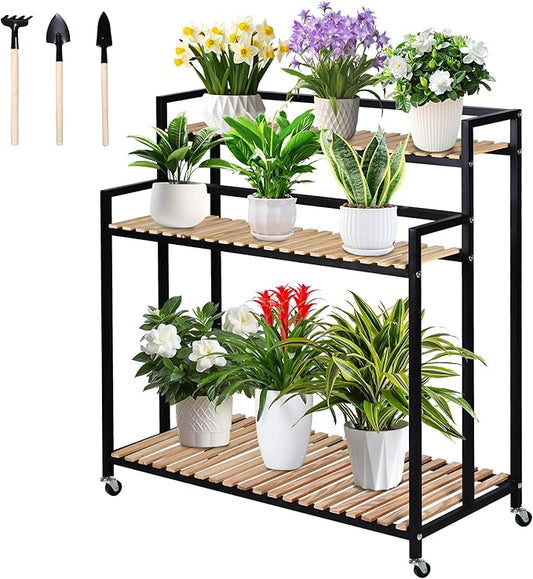 3-Tier Plant Shelf Modern Rolling Plant Stand with Rustic Wood and Iron Frame. for indoor/outdoor use in Living Spaces or Patio.Space spare,Robust Pine,Easy Assembly