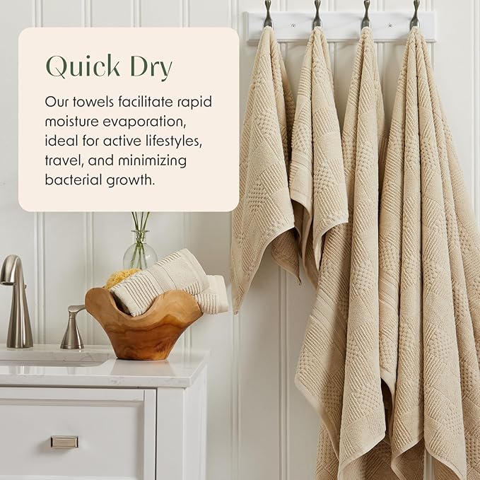 Springtree Home 100% Cotton Bath Towel Set of 4 | Beige Towels | Geometric Textured Design | Absorbent & Quick-Dry | 4 Bath Towels | Oeko-TEX® Standard 100 Cotton | Myla Collection - Sandshell