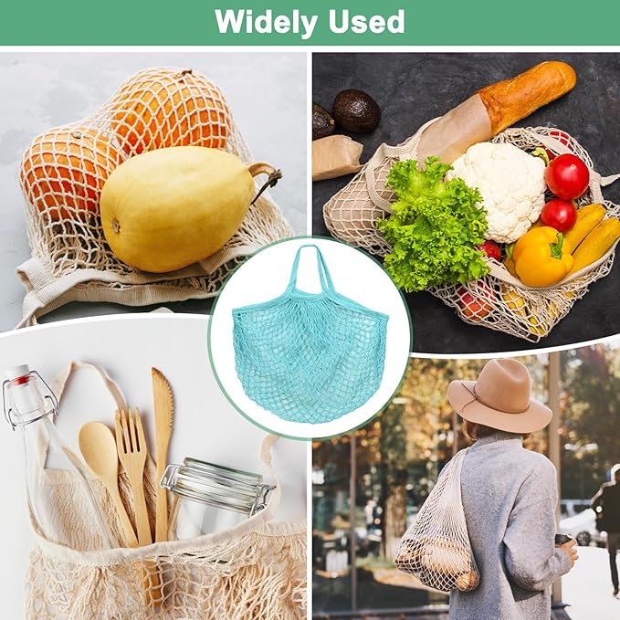 2-Pack Cotton Mesh Bag, Reusable Washable Mesh Net String Grocery Bags, Reusable Produce Bags with Handle, Net Tote Bag for Fruits Shopping [Blue-Green, Long&Short Handle]