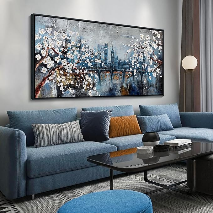 KLAKLA City Scenes Landscape Plum Blossom Picture Artwork for wall - Black Frame Large Wall Art for Living Room Abstract Wall Decor Bedroom Office Modern Home Decoration