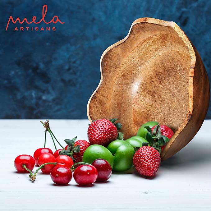 Mela Artisans Scalloped Decorative Wooden Bowl | 12 Inch Mango Wood Fruit & Serving Bowl | Natural Grain Finish | For Kitchen Counter | Snacks | Desserts | Bread | Handcrafted Home Decor