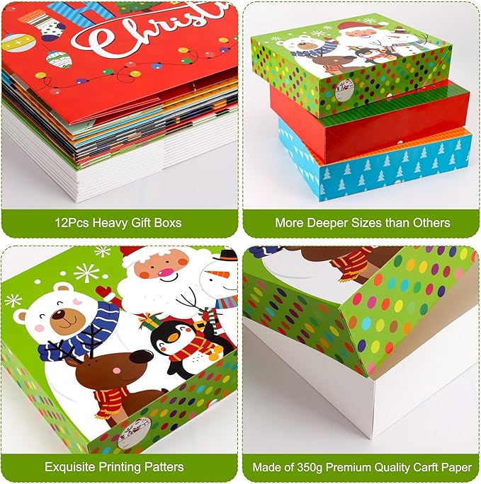 HOIIOH 12 Extra-Large Christmas Gift Boxes with Lids – 4-Inch Deep Robe Boxes with Tissue Paper & Stickers, Decorative Holiday Wrapping Boxes for Clothes, Coats & Sweaters