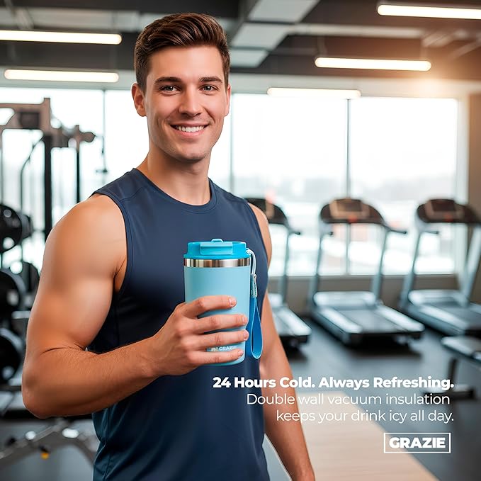 Insulated Stainless Steel Coffee Mug 16 oz with Flip Straw Lid Double Wall Vacuum Travel Tumbler for Hot and Cold Drinks Leakproof Portable Reusable Cup for Work Camping Hiking School Gym Ocean Mist