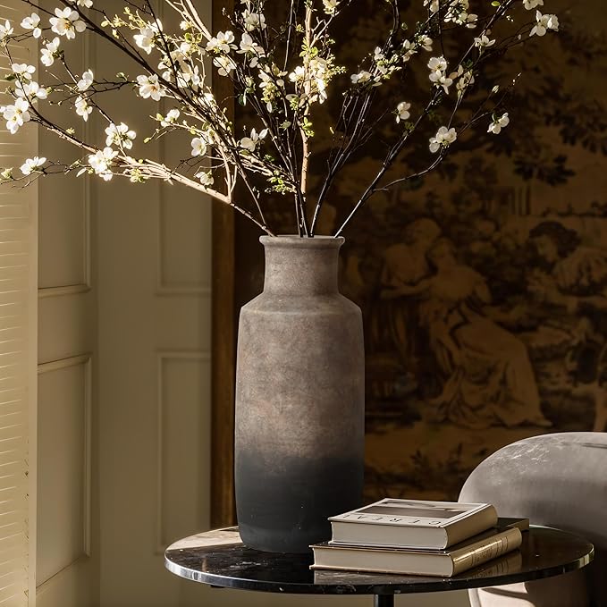 LuxenHome Rustic Ceramic Flower Vase,15'' Tall Brown Ombre Pottery Terracotta Narrow Floor Vases Home Decor,Farmhouse Vintage Vases for Living Room Decor,Modern Decorative Vase Home Décor Accents