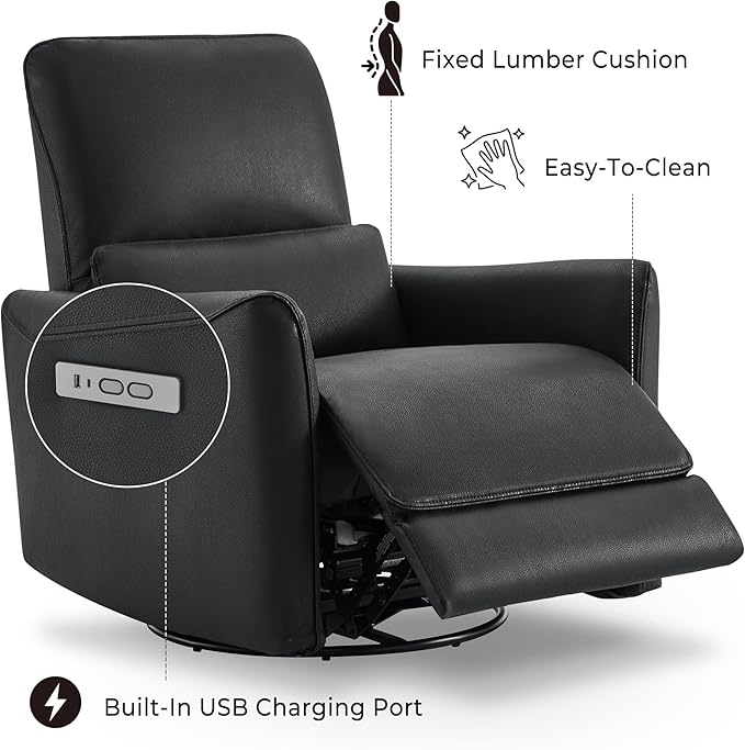 CHITA Power Recliner Chair Swivel Glider, FSC Certified Upholstered Faux Leather Living Room Nursery Reclining Sofa Chair with Lumbar Support, Black