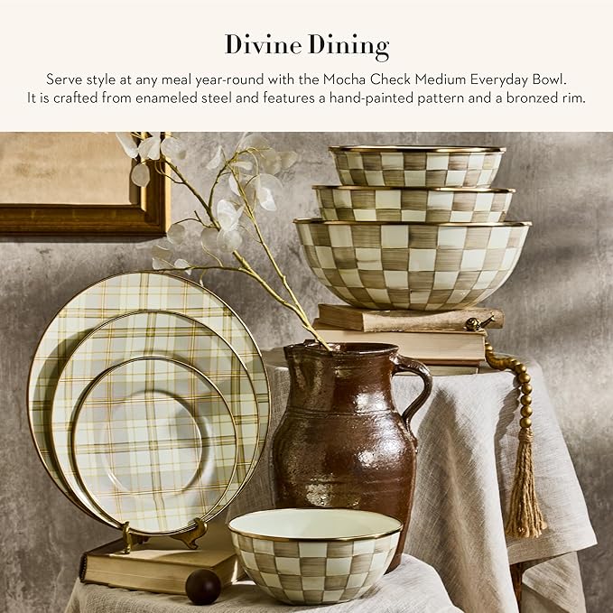 MACKENZIE-CHILDS Enamel Everyday Bowl, Serving Bowl for Entertaining, Medium, Brown-and-White Mocha Check