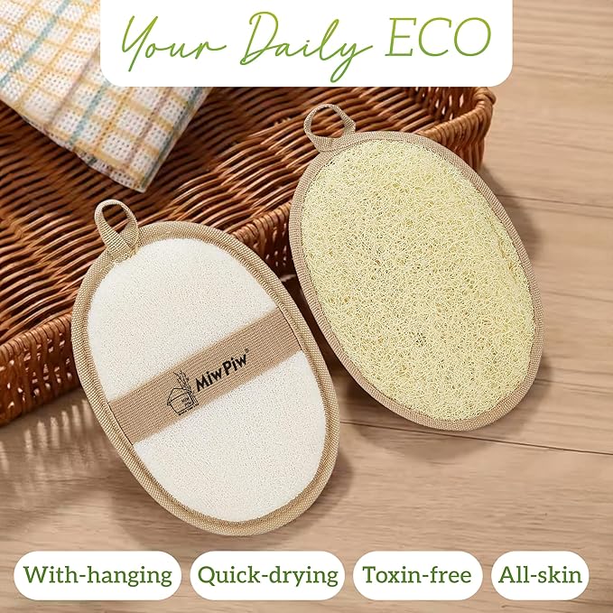 Natural Loofah Exfoliating Body Scrubber (Pack 2- Size L), Loofah Bath Sponge, Luffa for Women and Men, 100% Biodegradable Compostable, Dye Free, Zero Waste Eco Friendly Sustainable (4.7" x 6.3" each)