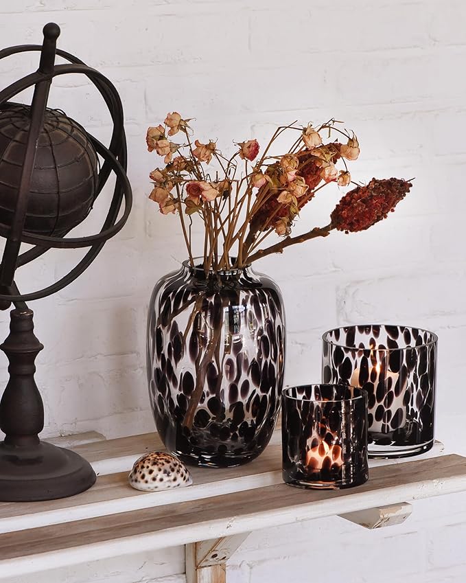 CONVIVA Glass Vase and Candle Holder Set, 3-Piece,Modern Fall Decor Table Centerpiece Thanksgiving Christmas Day Gift Idea,Flower Vase Black Tortoise Pattern