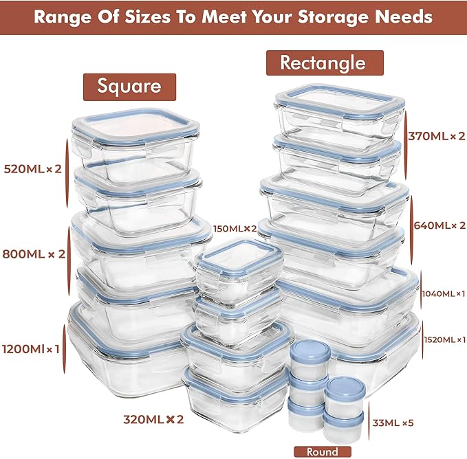 Razab 35 Pc Set Glass Food Storage Containers with Lids - Meal Prep Airtight Bento Boxes BPA-Free 100% Leak Proof (15 lids,15 glass & 5 Plastic Sauce/Dip Containers)