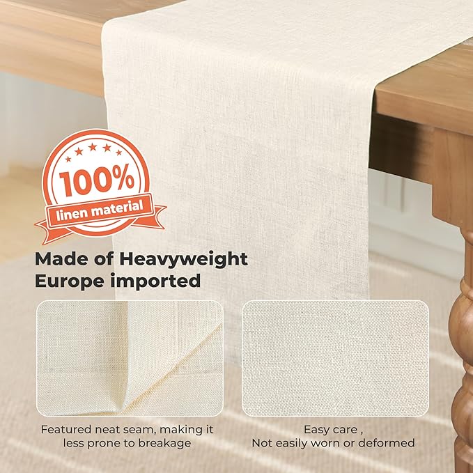 100% Pure Linen Table Runner - 14 x 90 Inch Dresser Scarf for Farmhouse Dining Table, Perfect for Fall, Thanksgiving, and Christmas -Athena -Ivory