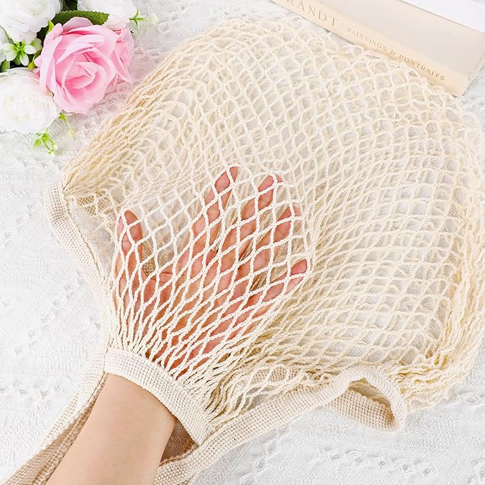 2 Pack Reusable Mesh Grocery Bags, String Bags Cotton Net Tote Produce Bag Washable Long Handle Farmers Market Bag Portable Fruit and Vegetable Bags, Beige
