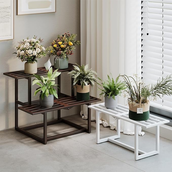 2 Pack Metal Plant Stand Indoor, Outdoor Iron Plant Shelf, Heavy Duty Slatted Display Shelf for Patio Balcony Garden Living Room Load Bearing 330 LB 26" L x 10.4" H x 8.6" W 1 Tier White