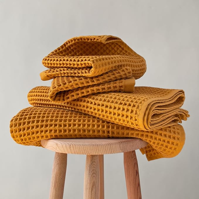 PÜSKÜL - Premium Waffle Towel Set 4 Pieces Mustard - Organic 100% Turkish Cotton Quick-Dry Towels for Bathroom Made in Turkiye (Mustrad Yellow, Towel Set - 2 Hand & 2 Bath Towels)
