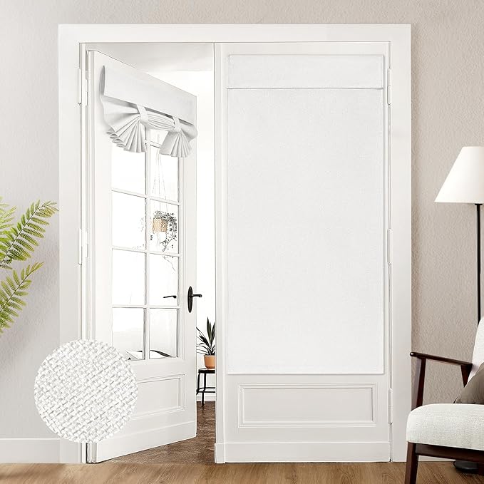 HOMEIDEAS 100% White Linen Blackout French Door Curtains, Privacy Door Window Curtains, 34 X 68 Inch Room Darkening Blinds, Thermal Insulated Shades for Bedroom, 1 Panel