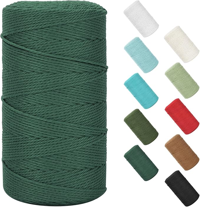 Natural Cotton Macrame Rope - 2mm x 380Yards (1140Feet), 2 Strands Twisted Macrame Cotton Cord for Wall Hanging, Plant Hangers, Crafts, Gift Wrapping and Wedding Decorations, Dark Green