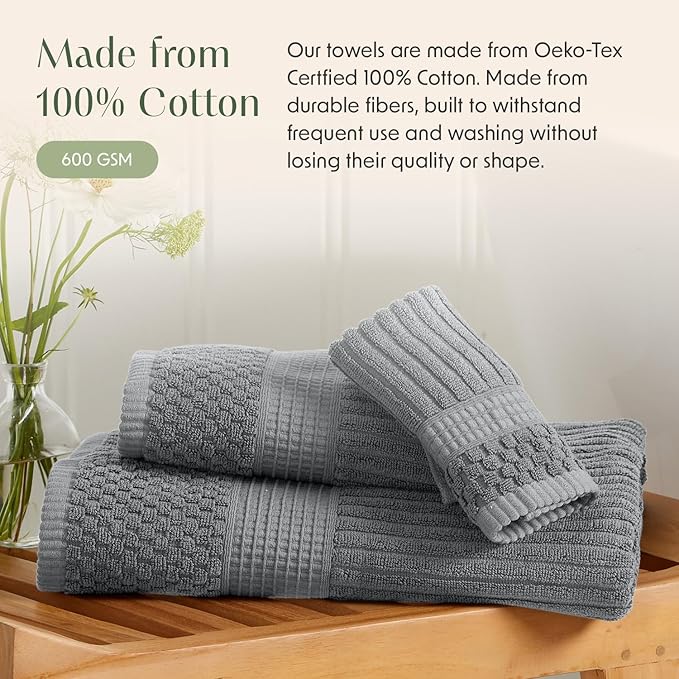 Springtree Home 100% Cotton Bath Towel Set of 4 | Super Soft & Absorbent with Quick-Dry Fibers | 4 Bath Towels | Textured and Durable Cotton | Krista Collection (Ultimate Grey)