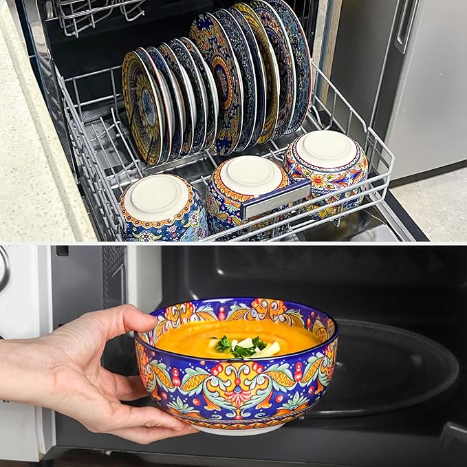 HASENSE 18 Pieces Kitchen Dinnerware Sets Service for 6, Bohemian Style Plates and Bowls Set, Ceramic Vintage Tableware Dishes Set, Scratch Resistant Microwave and Dishwasher Safe, Assorted Color