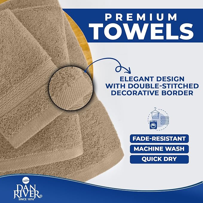 DAN RIVER 8 PC Luxury Bath Towels for Bathroom, 2 Bath, 2 Hand, and 4 Wash Cloths, 600 GSM 100% Ring Spun Cotton Towel Set, Highly Absorbent, Gym, Hotel, and Spa, Tan