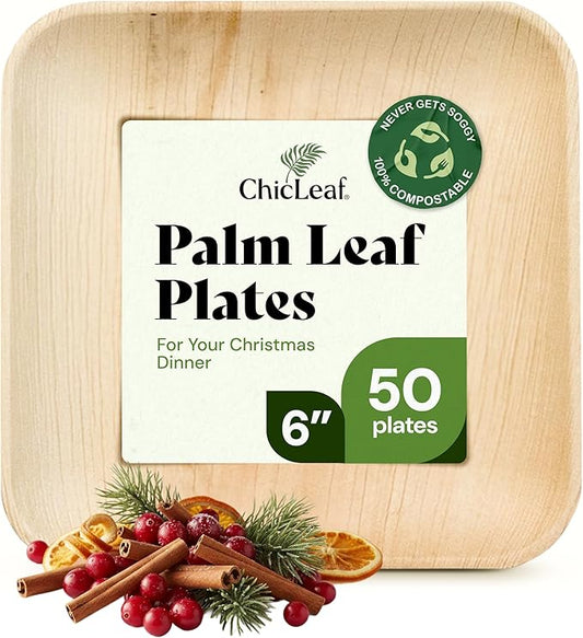 Chic Leaf Palm Leaf Compostable Plates - 6" Square, Pack of 50 - Disposable Dinnerware for Christmas Food, Rustic Bamboo Appetizer Plates - Charcuterie Boards & Biodegradable Serviceware