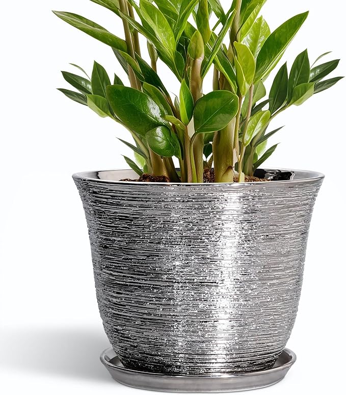 10 Inch Plant Pot - Ceramic Planter with Drainage Hole and Plant Saucer, Round Planter for Indoor Outdoor, Large Modern Decorative Flower Pots, Living Room Decor, Plant Lovers Gifts, Silver