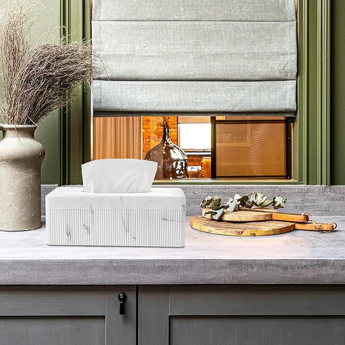 Marble Tissue Box Cover, Rectangular Napkin Facial Tissues Holder for Home Office, Hand Poured Marble Tissue Box Holder, 10 x 5.7 x 3.7 inches, White