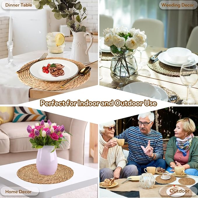 Woven Placemats Set of 10, 13.5" Round Rattan Placemats, Natural Water Hyacinth Place mats, Farmhouse Weave Place Mats, Rustic Braided Wicker Table Mats for Dining Table, Home, Outdoor