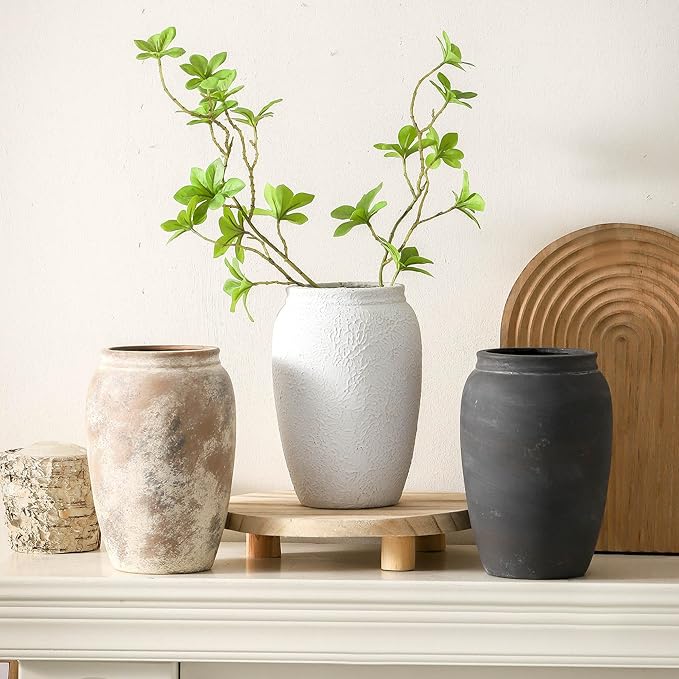 Terracotta Rustic Vase, Farmhouse Decorative Vase Boho Decor, Ceramic Christmas Vases for Home Decor, Table, Living Room, Shelf Decoration, 8.2 Inch