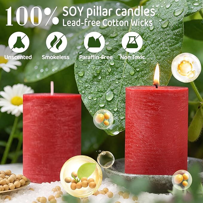 6 Pack Red Pillar Candles,Natural Soy Pillar Candles,55 H Long Lasting Burning 2.8x4in-Unscented,Dripless and Smokeless Rustic Red Hand-Poured Candles Dinner Table, for Christmas,Wedding,Home Decor