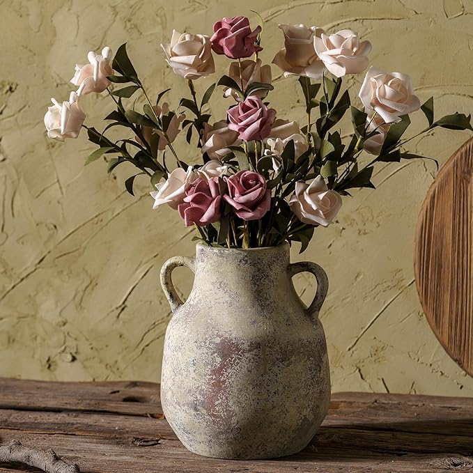 Rustic Ceramic Farmhouse Flower Round Vase with 2 Handles, Vintage Terra Cotta Vases, Decorative Pottery Ceramic Stone Vase for Home Decor, Living Room, Table, Shelf Decor, Mantel, 7.7 Inch