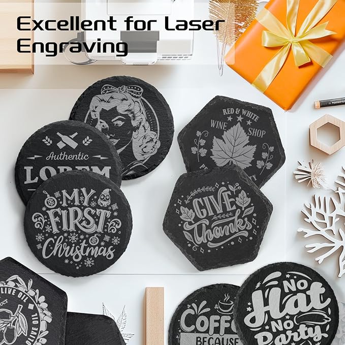 60 PCS Slate Coasters Bulk, MAPRIAL 4 Inch 30PCS Black Round, 30PCS Hexagon Stone Coasters for Laser Engraving, Handmade Drink Coaster Engravable Blanks Material for Engraver, Crafts, Gifts