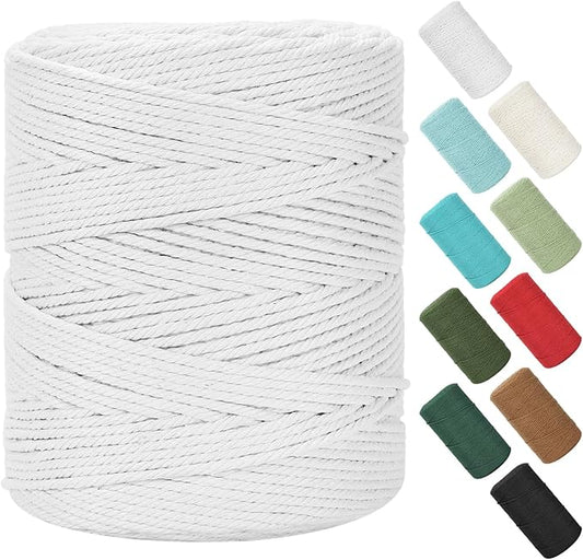 Macrame Cord 4mm x 380Yards (1140Feet), Natural Cotton Macrame Rope - 4 Strands Twisted Macrame Cotton Cord for Wall Hanging, Plant Hangers, Crafts, Gift Wrapping and Wedding Decorations, White