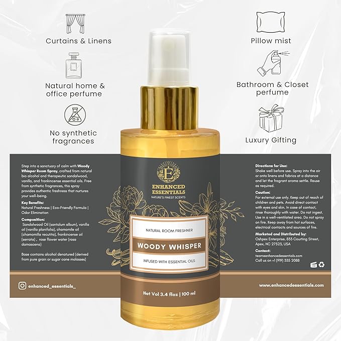 Luxurious Essential Oil based Room Spray by Enhanced Essentials|100% Natural & Synthetic Free|Elevates Ambiance with a Soothing Woody Aroma|Refreshing,Grounding & Calming|3.4 fl oz (100 ml)