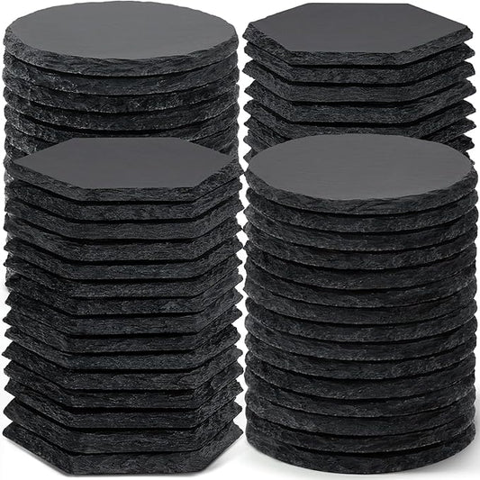 60 PCS Slate Coasters Bulk, MAPRIAL 4 Inch 30PCS Black Round, 30PCS Hexagon Stone Coasters for Laser Engraving, Handmade Drink Coaster Engravable Blanks Material for Engraver, Crafts, Gifts