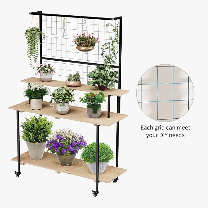 3 Tier Rolling Plant Stand with Lockable Wheels, Adjustable Height Wooden Flower Shelf Indoor Outdoor, 200LB Capacity, Multi Purpose Tall Plant Stand for Home Garden