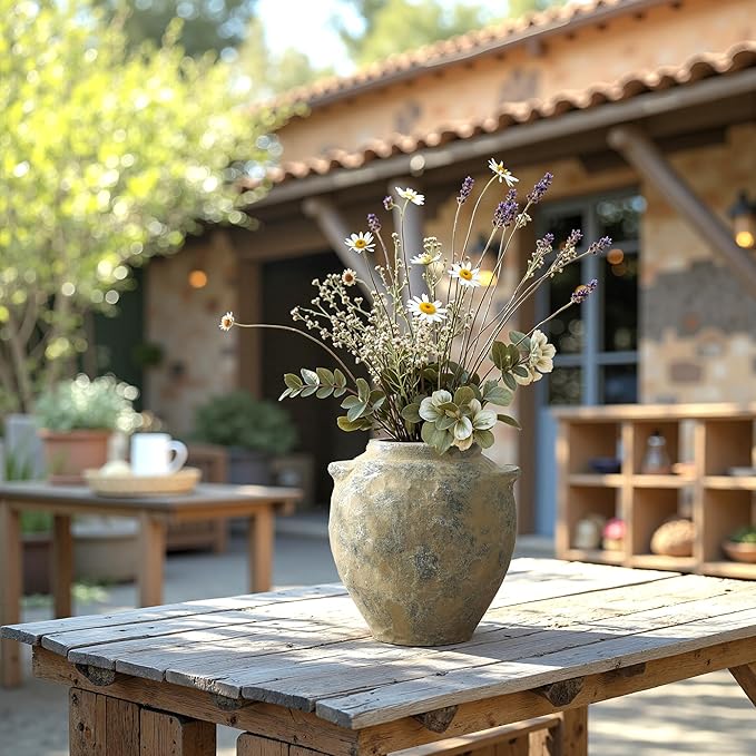 LuxenHome Rustic Ceramic Vase, 11" Tall Old-World Brown with Gray Round Terracotta Vases with Handles, Vintage Pottery Decorative Vase for Shelf Dining Table, Farmhouse Flower Vase for Home Decor