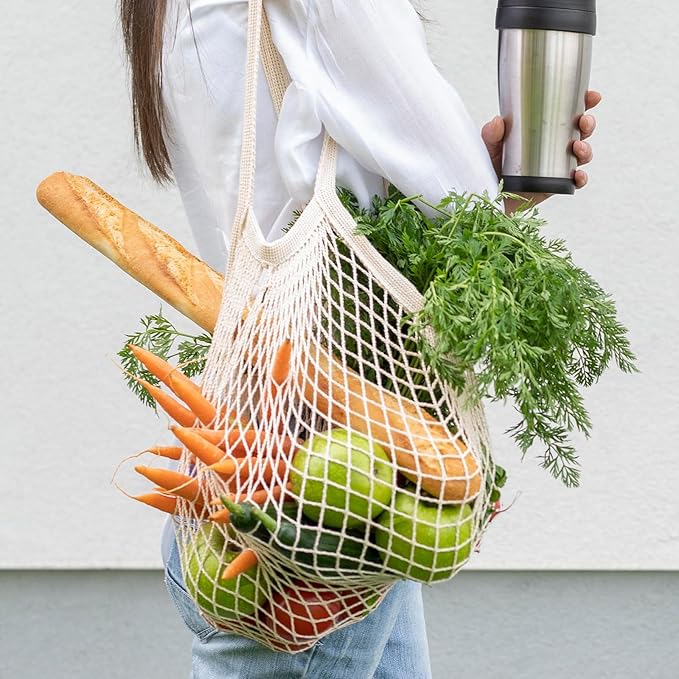 2 PCS Cotton Mesh Grocery Bags, Reusable Mesh Produce Bags, Long Handle Net String Shopping Tote Bag for Fruit Veggie Food Storage