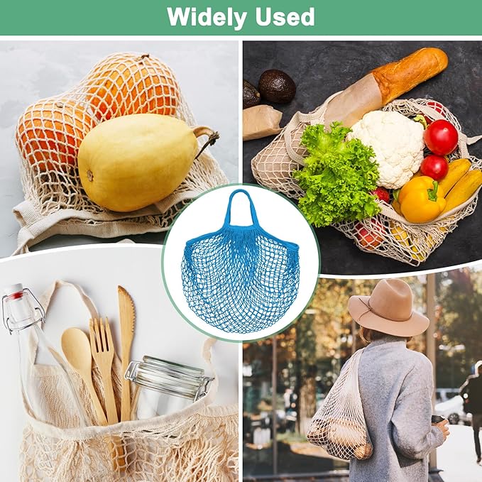 2-Pack Cotton Mesh Bag, Reusable Washable Mesh Net String Grocery Bags, Reusable Produce Bags with Handle, Net Tote Bag for Fruits/Vegetables Shopping [Blue, Long&Short Handle]