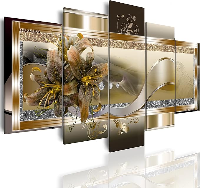 5 Panel Yellow Orchid Flowers Canvas Print - Abstract Golden Floral Wall Decor Poster, 5 pieces Wall Art Painting Decor for Home Decoration Artwork Picture Bedroom Wall Decor (D,Oversize 60x30inch)
