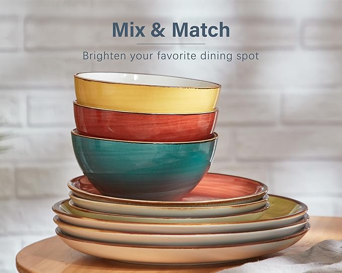 ONEMORE Plates and Bowls Set 12 Pcs,Stoneware Dinnerware Sets for 4 Microwavable,Oven & Dishwasher Safe Porcelain,Scratch Resistant Dishes Set