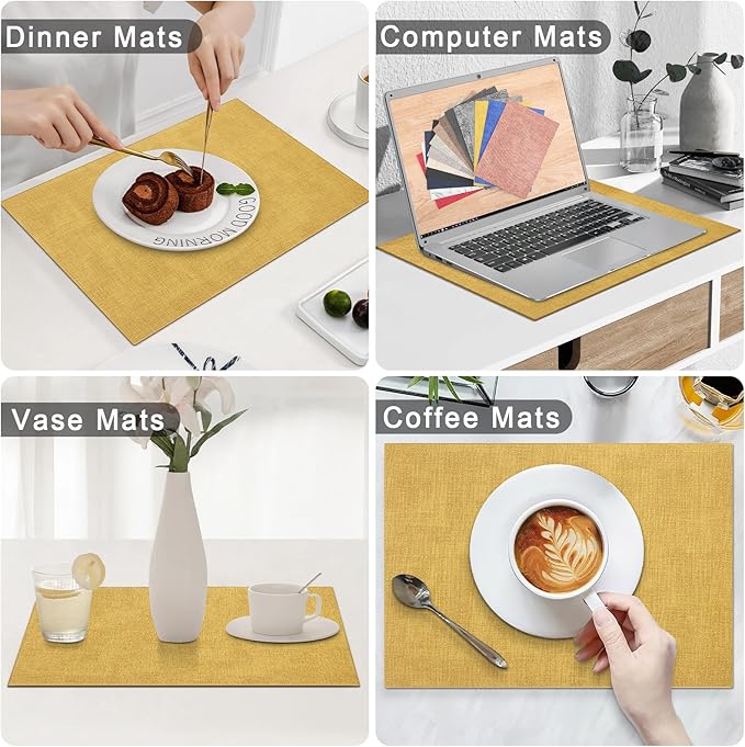 Homaxy Faux Leather Heat Resistant Placemats for Dining Table Set of 8, Waterproof Wipeable Washable PU Table Mats, Easy to Clean Anti-Slip Place Mats, 11.8" x 17", Yellow