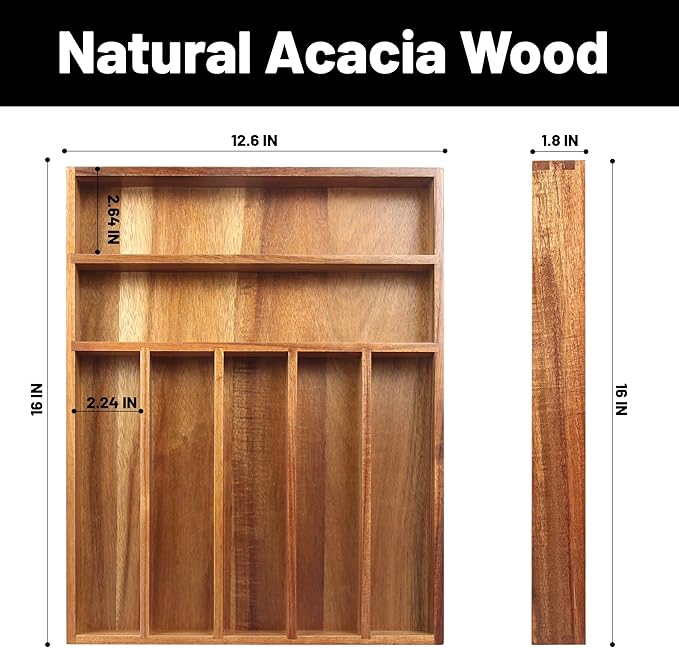 Acacia Wood Silverware Organizer, Kitchen Utensil Drawer Organizer for Forks & Spoons, 7-Compartment Cutlery Tray, Flatware Holder
