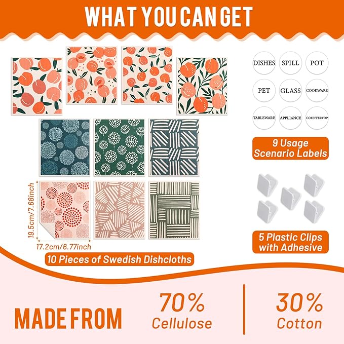 Lucomb 10 Pack Swedish Dishcloths with Hanging Clips, Reusable Swedish Dish Towels Biodegradable Cellulose Cleaning Cloths Washable Dish Wipes for Kitchen Home Office(Quick Drying & Super Absorb)