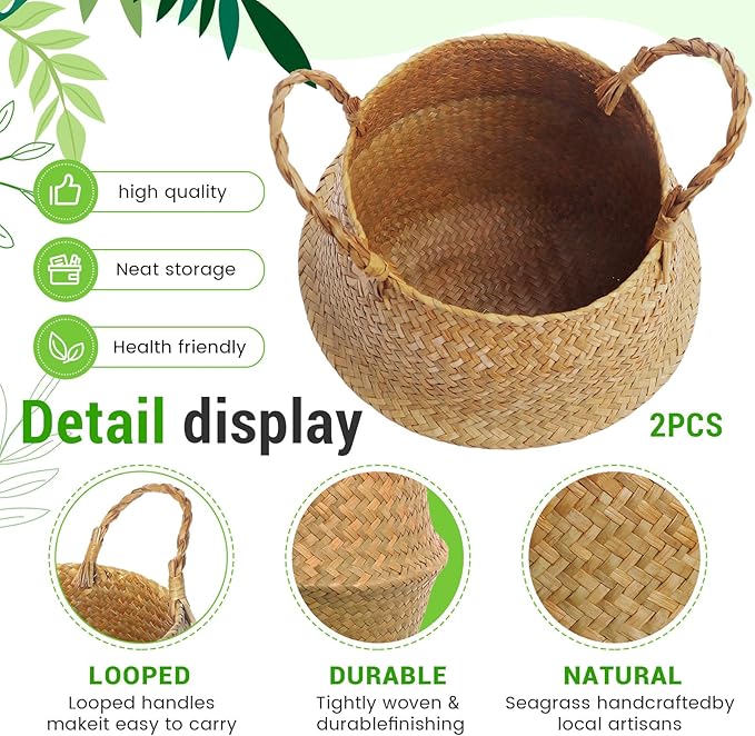 2 Pack Large Wicker Plant Basket with Handle 10 Inch Woven Seagrass Belly Basket and Artificial Moss for Plants Picnic Grocery Laundry House Storage Home Decor (Large)