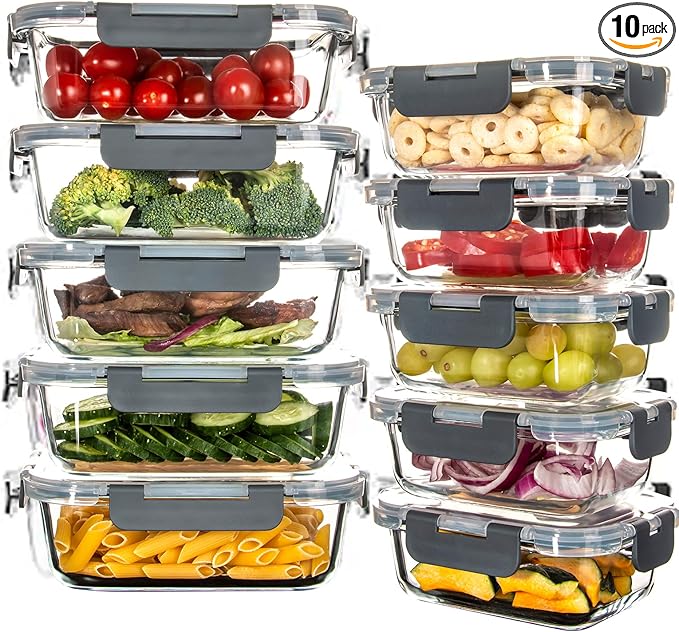 UMEIED Glass Meal Prep Containers - 10 Pack Glass Food Storage Containers with Lids for Lunch, On-the-Go, Leftovers, Pantry Organization - Microwave, Oven, Freezer, and Dishwasher Safe
