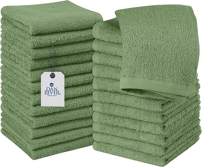 DAN RIVER 100% Cotton Wash Cloths 24 Pack [12x12] Soft & Absorbent washcloths for Showering, Gym, Hotels & Spa Perfect for Everyday Use Fingertip Towels, Sage Green