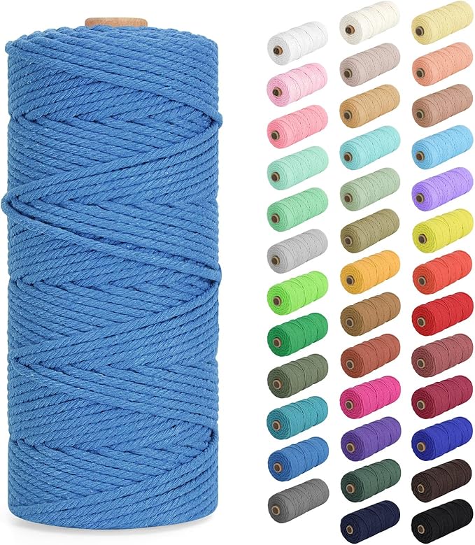 Macrame Cord 3mm x 109Yards (328Feet), Natural Cotton Macrame Rope - 4 Strands Twisted Macrame Cotton Cord for Wall Hanging, Plant Hangers, Crafts, Gift Wrapping and Wedding Decorations, Lake Blue